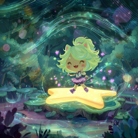 Illustration of a little girl in the forest with magic light.の素材