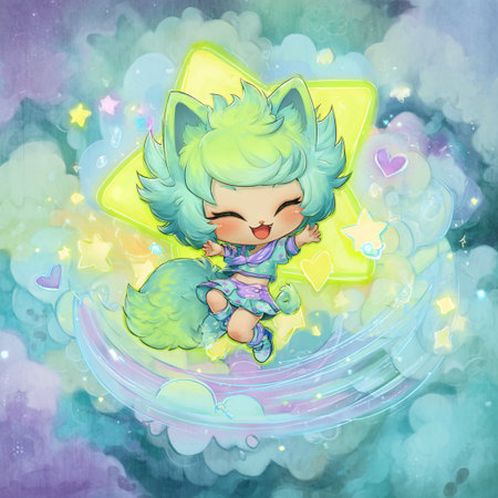 Cute cartoon kawaii alien girl with wings and stars.の素材