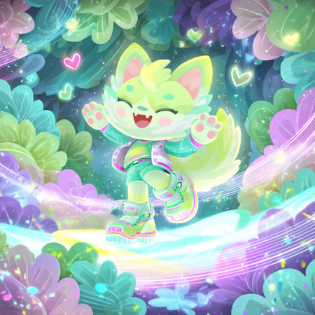 Cute cartoon fox on a background of the magic forest, vector illustration.の素材