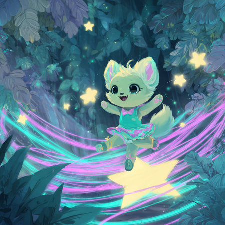 Cute cartoon fox sitting on a star in the night forest.の素材