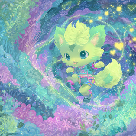 Cute cartoon cat on a dreamy background with flowers. Vector illustration.の素材