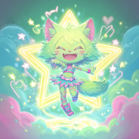 Cute cartoon fox girl with magic neon light. Vector illustration.の素材