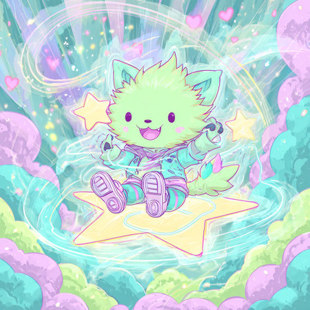 Cute cartoon cat in astronaut costume sitting on the rocket. Vector illustration.の素材