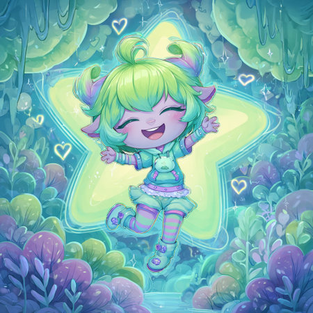 Cute cartoon girl in a fairy forest. Fairy tale illustration.の素材