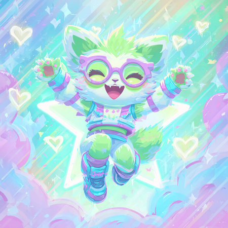 Cute cartoon cat on a rainbow background with hearts. Vector illustration.の素材