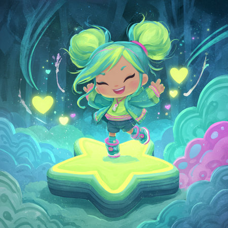 Cute cartoon little girl playing in the star. Vector illustration.の素材