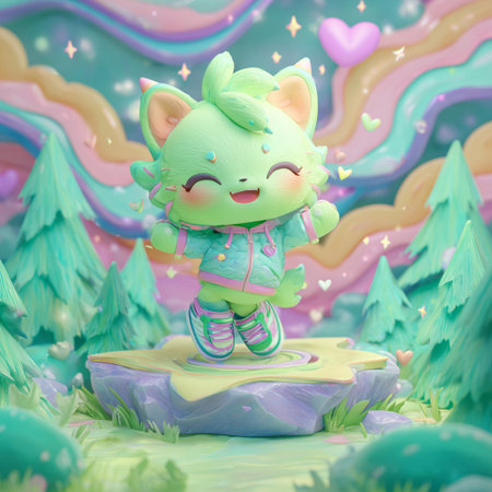 3D illustration of a cute cartoon monster sitting on a rock in the forestの素材