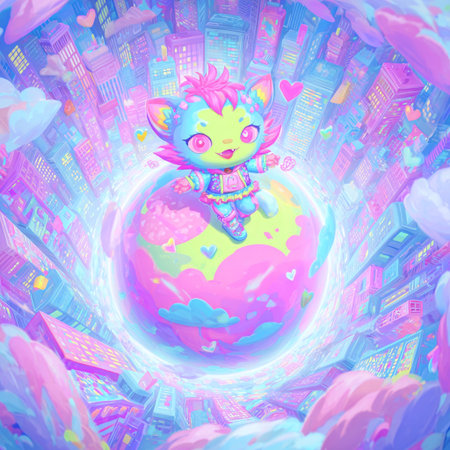 Illustration of a cute little alien on the planet in the cityの素材