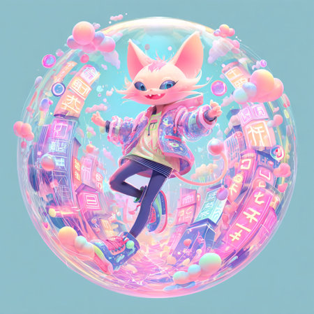 Cute cartoon fox jumping out of a soap bubble. Fantasy illustration.の素材