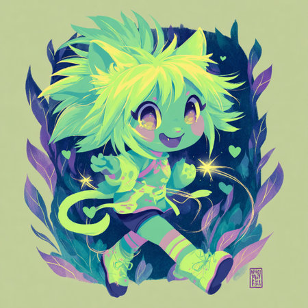 Illustration of a cute girl with a magic wand on a background of leavesの素材