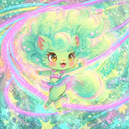 Cute cartoon green fairy on a rainbow background. Vector illustration.の素材