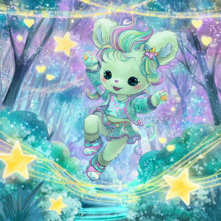 Cute cartoon unicorn on the background of a magic forest with starsの素材