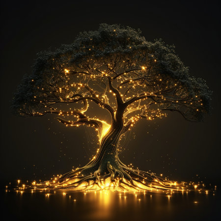 Magic tree with glowing lights on a black background. Vector illustration.の素材