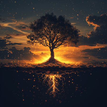 Tree in the sky with lightning and clouds. 3D illustrations.の素材