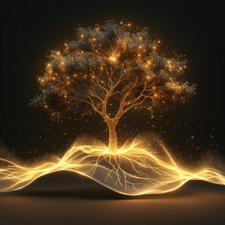 Abstract tree with lightning and particles on dark background. Vector illustration.の素材