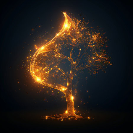 Abstract tree made of glowing particles on dark background. Vector illustration.の素材
