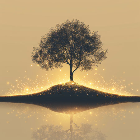 tree on the hill with a reflection in the water. Vector illustrationの素材