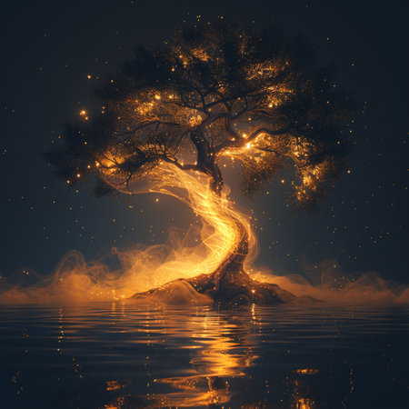 Tree in the water with smoke and fire. 3D illustrations.の素材