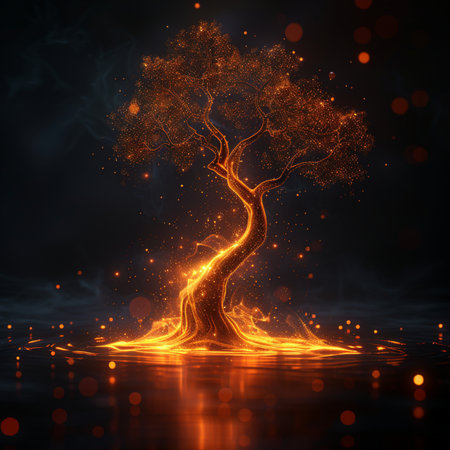 abstract glowing tree on dark background, 3d render and illustrationの素材