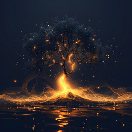 abstract glowing tree on a dark background, 3d render.の素材