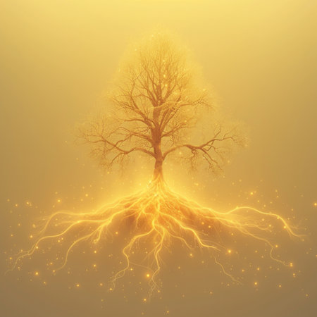 Fantasy tree with lightning on a yellow background. Vector illustration.の素材