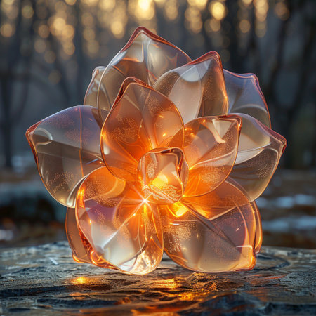 Beautiful glass flower on the background of the sun in the eveningの素材