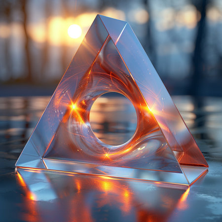 3d illustration of a crystal pyramid on a background of the sunsetの素材