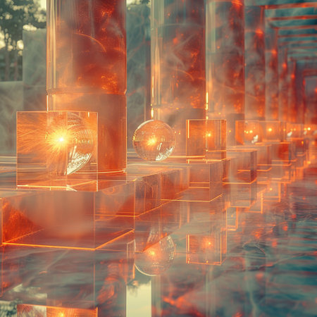 abstract scene with glass cubes and glass balls. 3d renderの素材