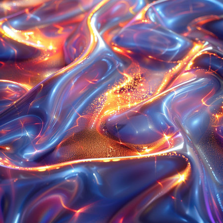 abstract background with glowing wavy lines in blue and orange colorsの素材