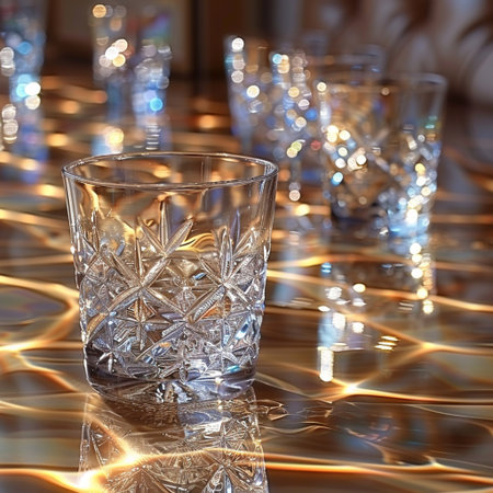 Crystal glasses on the table in the restaurant. Selective focus.の素材