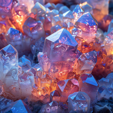 Close up view of a group of crystal crystals on the ground.の素材