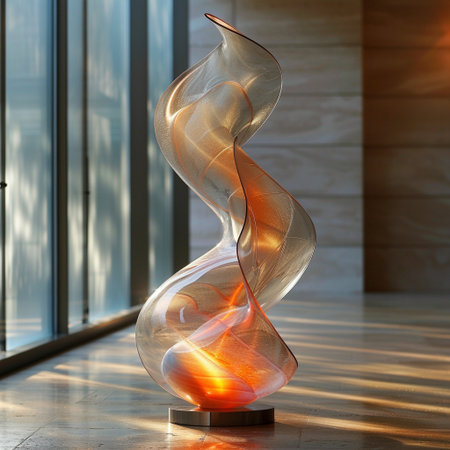 Modern glass vase with a burning candle in the interior of the roomの素材