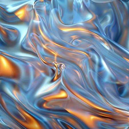 abstract metallic background with smooth lines in blue, orange and yellow colorsの素材