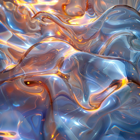 Abstract background of blue and orange wavy liquid. 3d render illustrationの素材