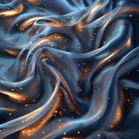 Abstract blue silk background with golden sparkles. 3d render illustrationの素材