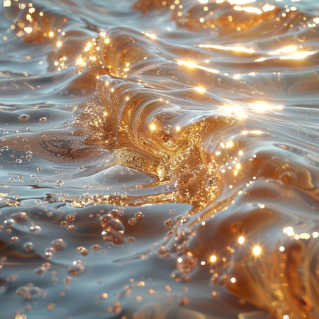 Gold water with waves and bubbles. Abstract background. 3d renderingの素材