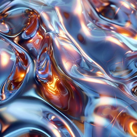 abstract metallic background with smooth lines and waves of blue and orange colorsの素材