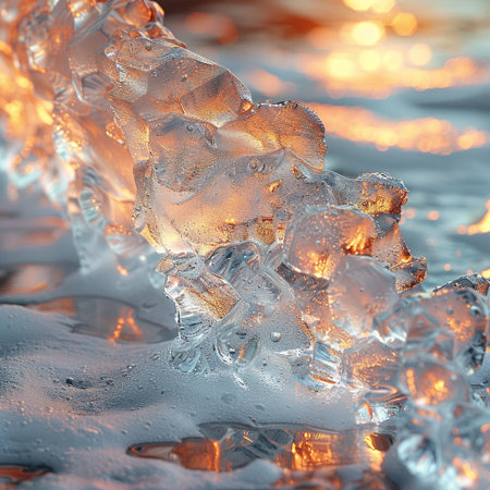 Ice on the river in the rays of the setting sun. Close-upの素材
