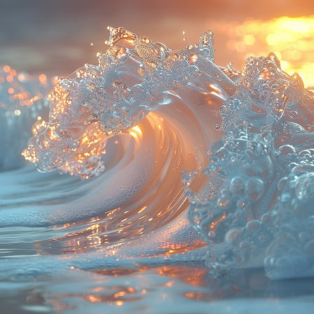 Falling drops of water in the form of a wave at sunsetの素材