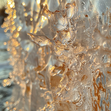 Beautiful winter background with ice and snowflakes in the sunlightの素材