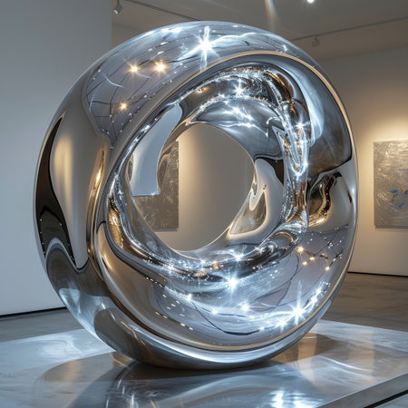 3D rendering of a metal sculpture in a modern art gallery.の素材