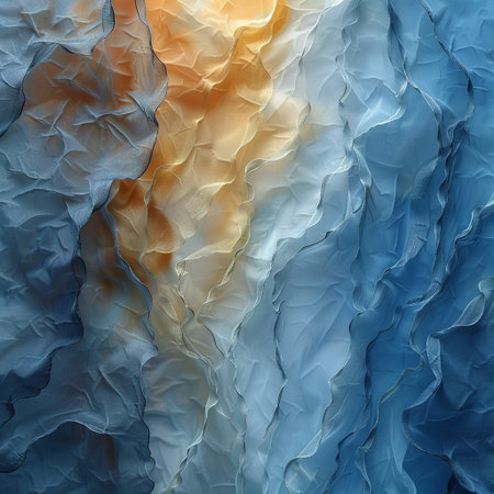 Abstract background of blue, yellow and orange crumpled paper.の素材