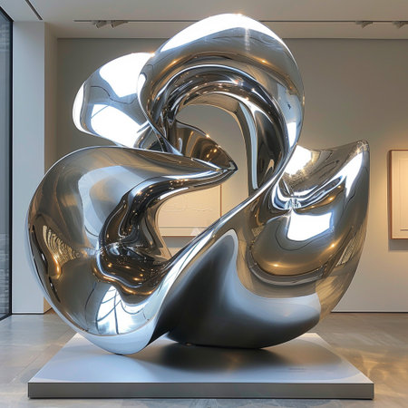 3D rendering of a silver sculpture in a modern art gallery.の素材