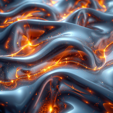 3d illustration of abstract wavy metallic background with glowing lines.の素材
