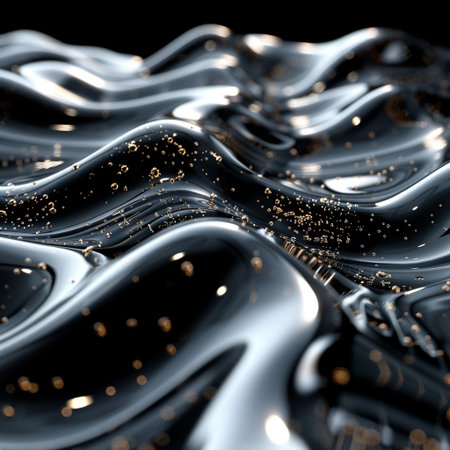 3d render, abstract background, black and white wavy liquid with golden sparklesの素材