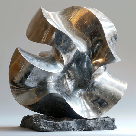 3d illustration of abstract sculpture made of metal and stone with reflectionの素材