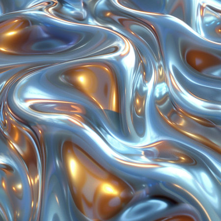 abstract metallic background with smooth lines and waves in blue and orange colorsの素材