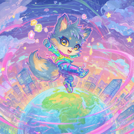 Cute little fox on the background of the planet. Vector illustration.の素材