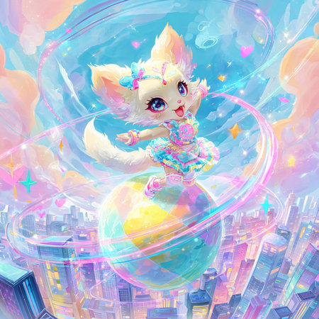 Cute cartoon fairy girl with a globe in the background of the cityの素材