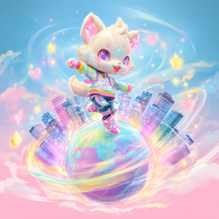 Cute cartoon cat on the background of the planet and the cityの素材